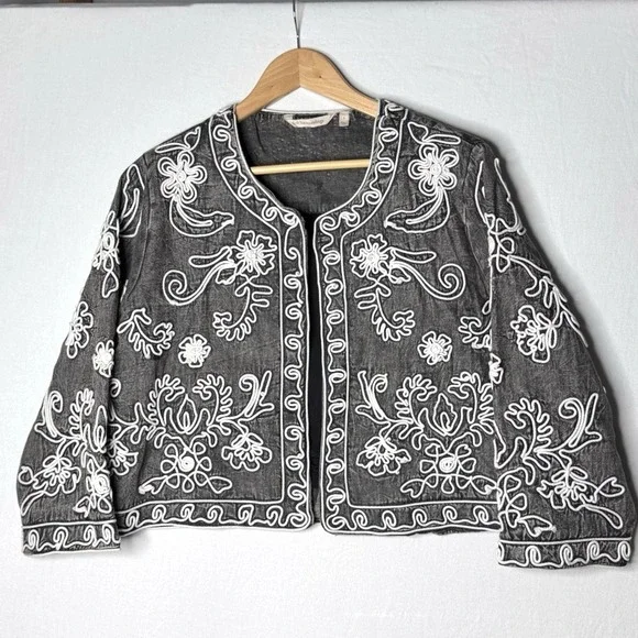 Soft Surroundings Wildwood Bolero Cropped Jacket Sz L Floral Embroidery Gray Wht - Picture 2 of 10